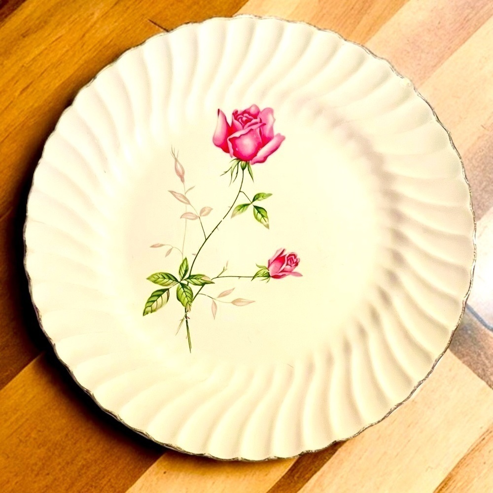 VINTAGE  SCIO  DORSET "PINK ROSE STEM"  PLATINUM TRIM Dinner Plate 10 in (4)